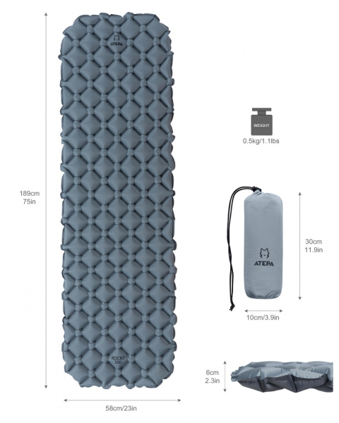 Atepa 1008 mattress коврик надувной (св. серый, 189х58х6 см)